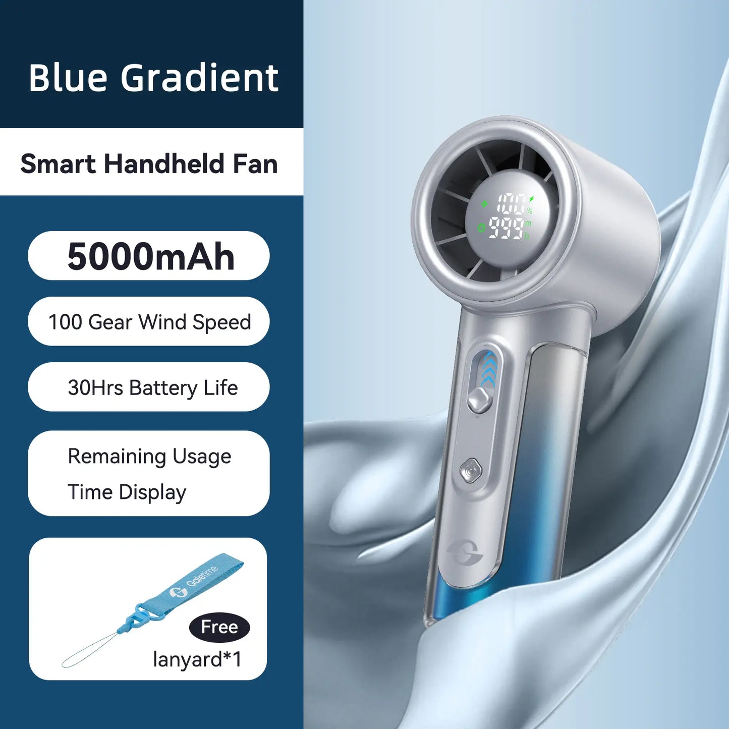 Galetime GT05 Handheld Fan with Time Display & 5000Mah/3500Mah Battery - USB-C Rechargeable Portable Mini Fan, Dual Power Options, Long-Lasting Cooling for Travel, Office, Outdoor Use