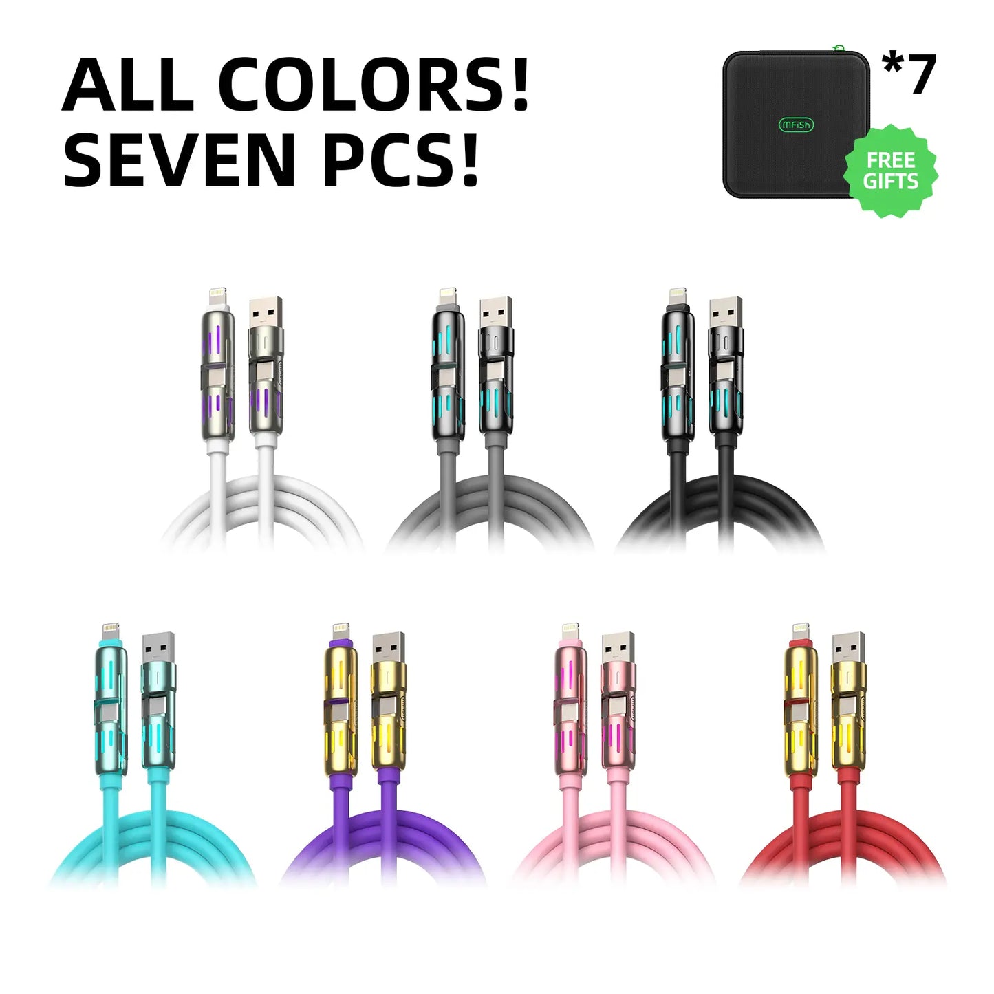 Mfish Armored Dragon I 4-In-1 Multi 240W Fast Charging Super Liquid Silicone Cable with USB a Type C Lightning for Iphone17&Samsung Laptops Charger