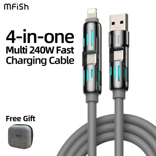 Mfish Armored Dragon I 4-In-1 Multi 240W Fast Charging Super Liquid Silicone Cable with USB a Type C Lightning for Iphone17&Samsung Laptops Charger