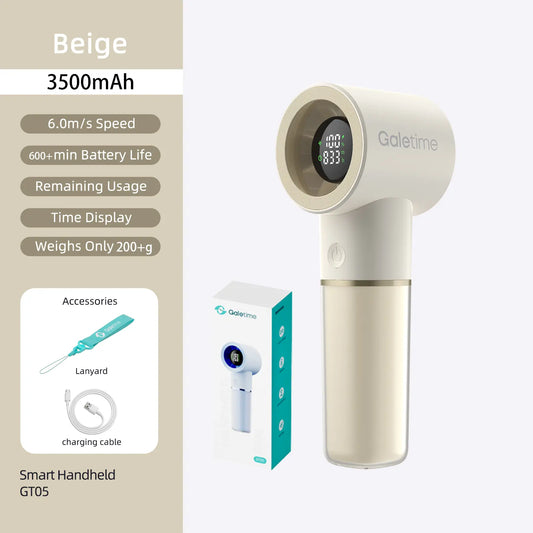 Galetime GT05 Handheld Fan with Time Display & 5000Mah/3500Mah Battery - USB-C Rechargeable Portable Mini Fan, Dual Power Options, Long-Lasting Cooling for Travel, Office, Outdoor Use