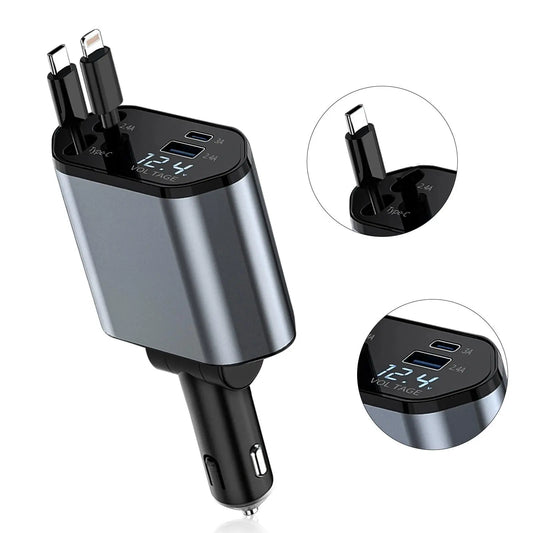 4-In-1 Retractable Fast Car Charger with Voltage Monitor Dual USB Ports for Iphone & Type-C PD QC3.0 AFC MTK FCP Compatible with 12V-24V Cars