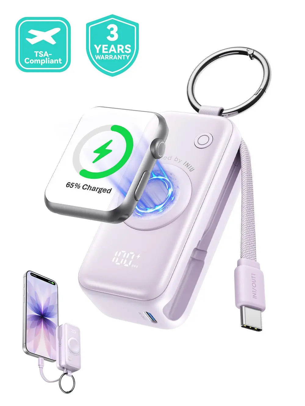 INIU P81 Snapgo Mini 5000mAh Power Bank with Keychain - Ideal Fast Charging Companion for Apple Watch, iPhone, and AirPods - Perfect Portable Charger for Travel and Gifts